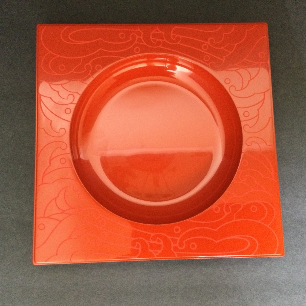 Japanese Echizen Urushi Lacquer Square Serving Plate Orange/Red  - Picture 3 of